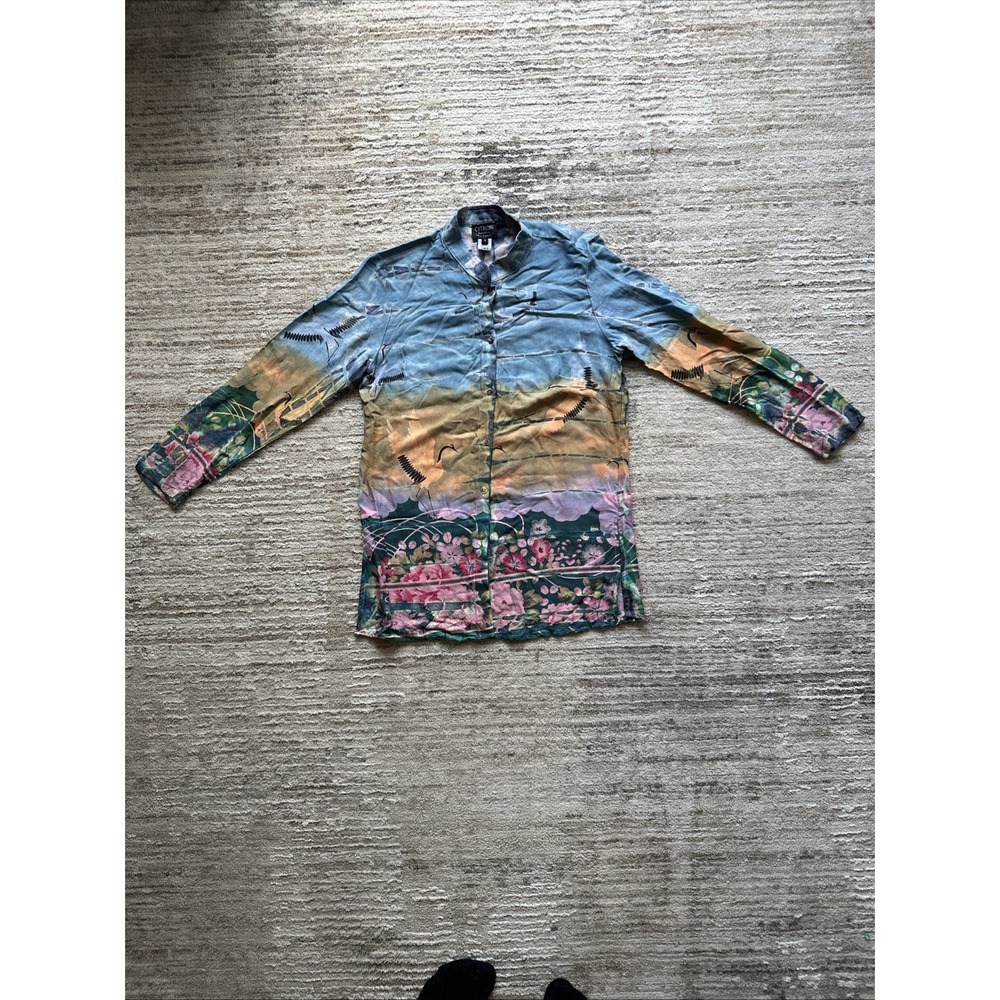 Citron Santa Monica Shirt Men Multicolor Size S Japanese Landscape Flower Cranes